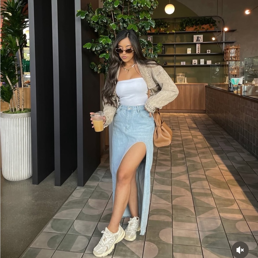 Beige Cropped Jacket with White Tank Top